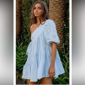 HARLEEN MINI DRESS - ASYMMETRICAL TRIM PUFF SLEEVE DRESS